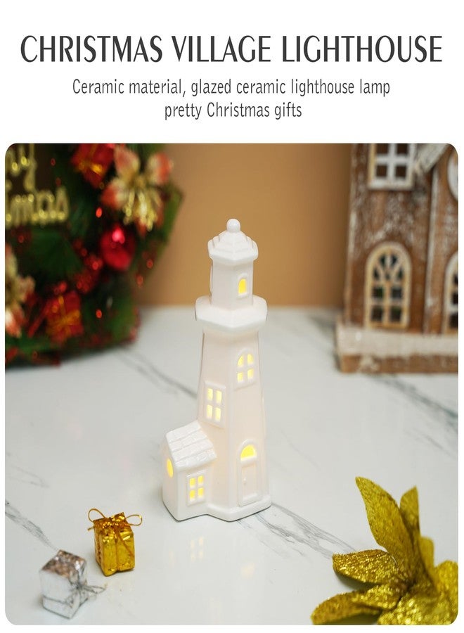 Luxstyra White Ceramic Christmas Houses Lighthouse Lamp, Small Figurines for Ceramic Christmas Village,Light Up Xmas Houses with Timer, Xmas Lighthouse Decoration for Table Bookshelf Desk - Image 5